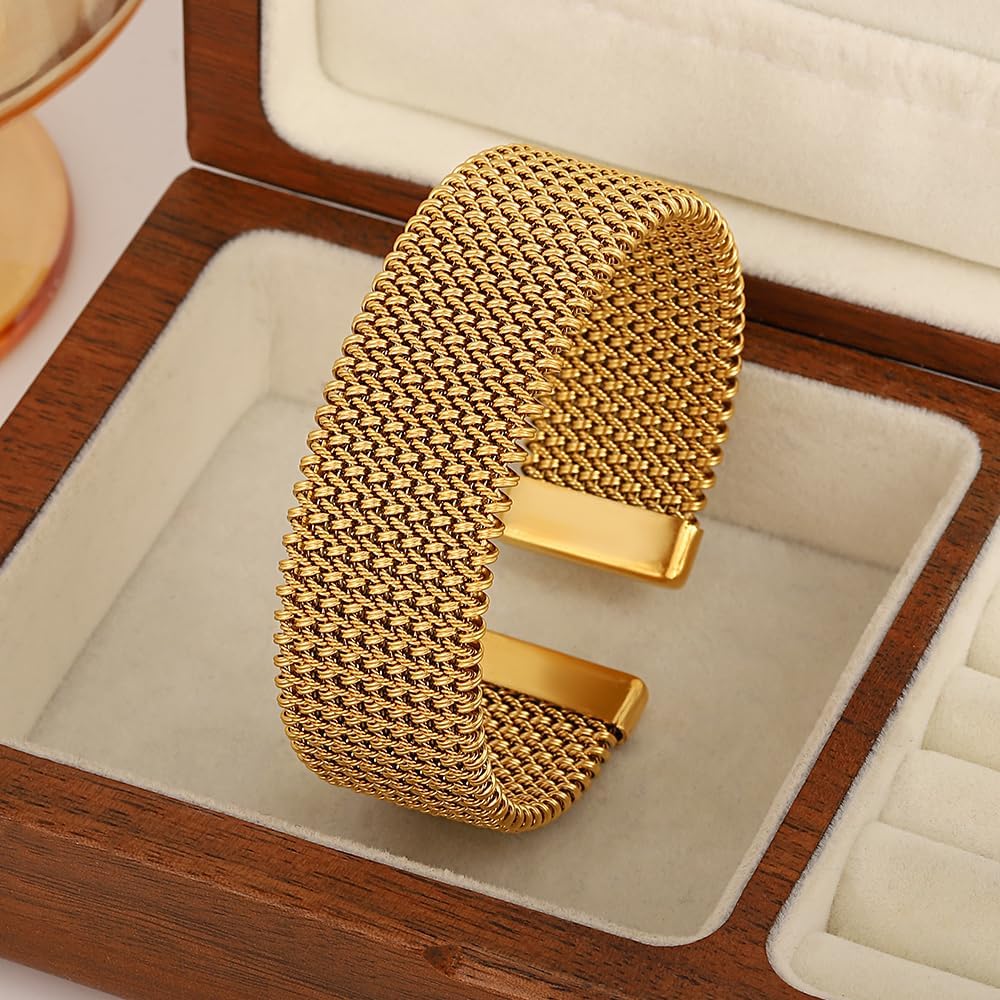 hotoo Gold Open Cuff Bangles Wide Woven Bracelets For Women Stainless Steel Stackable Jewelry For Xmas Birthday Gifts - Image 5
