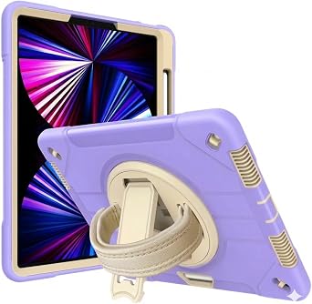 Heavy Duty Case for iPad Pro 12.9 inch 2022/2021/2020/2018, 6th/5th/4th/3rd Gen, Military Grade 3-Layer Full Body Rugged Cover Kickstand, Pencil Holder, Hand Strap Purple White