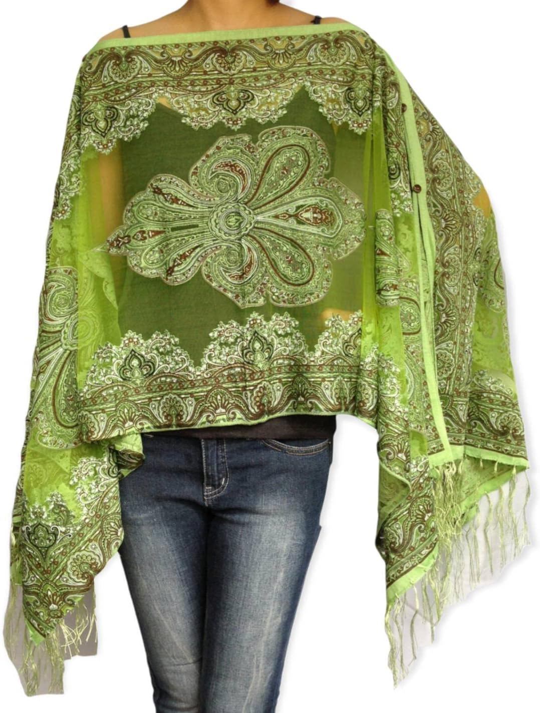 Love Boho Embroidery Scarf Poncho Caftan, Kaftan Poncho,Chiffon Fabric, Shawl Cover up Beachwear women's shawl, Light Green Color