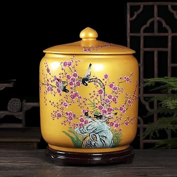 Large Capacity Sealed Storage Tank, Home Grain Dispenser, Ceramic Pantry Organization, Kitchen Ceramic Rice Cylinder, Food Storage Containers, 12.5KG, Gold B, Rice Container