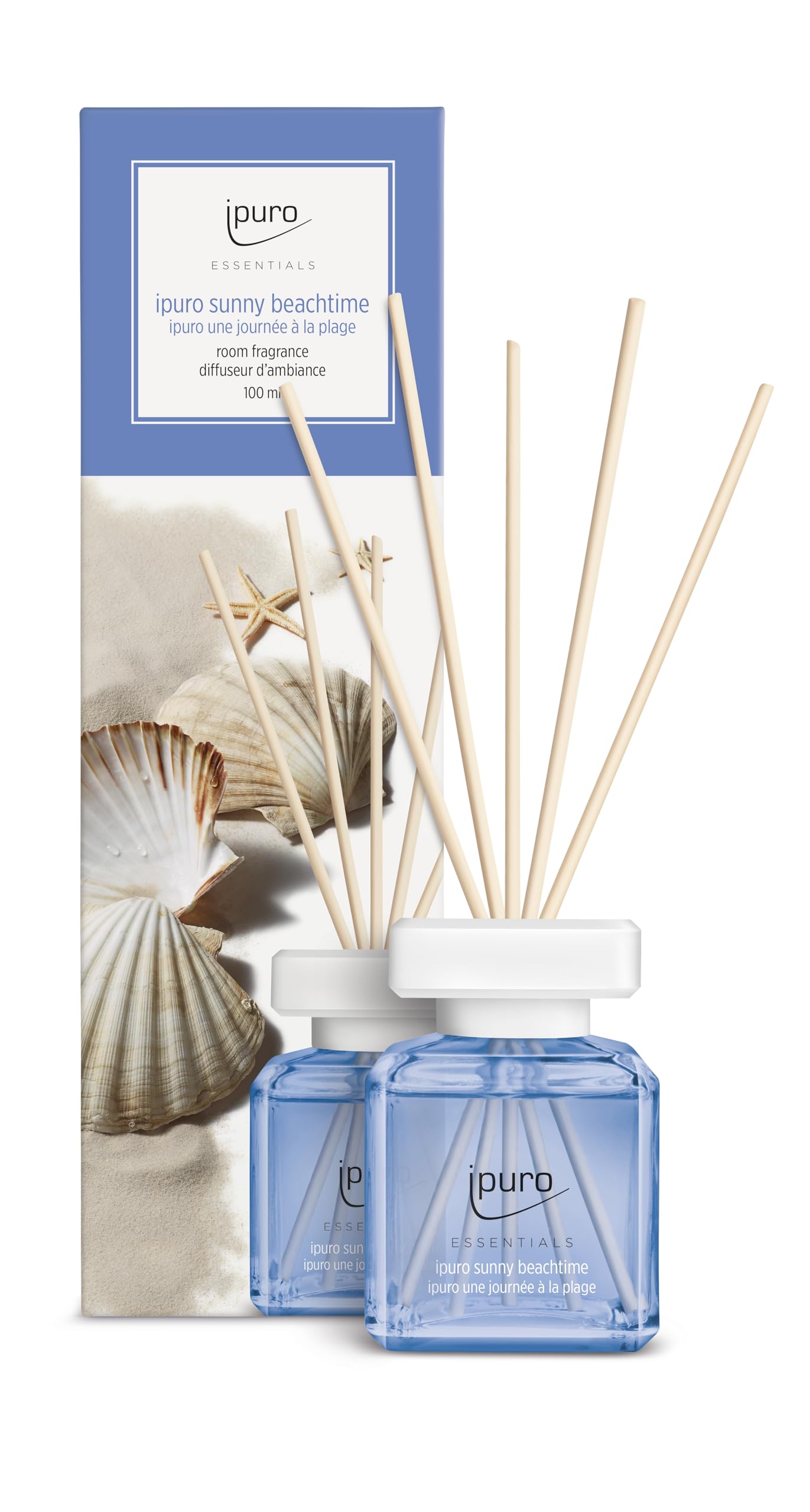 ipuro - Essentials Raumduft Sunny BEACHTIME 100ml | Raumerfrischer mit Grapefruit, Zitrone & weißem Moschus Duft Aroma | Diffuser mit Stäbchen | Lufterfrischer für die Wohnung