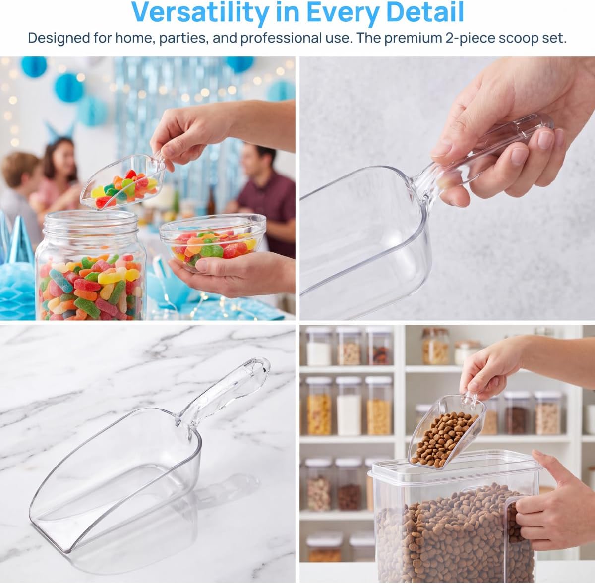 Kichvoe 2Pcs Clear Plastic Ice Scoop, Ergonomic Food Scoops 8.45x2.36in | Multipurpose Plastic Scoops for Canisters, Pet Food, Candy & Coffee, Thick Clear Plastic Dishwasher Safe