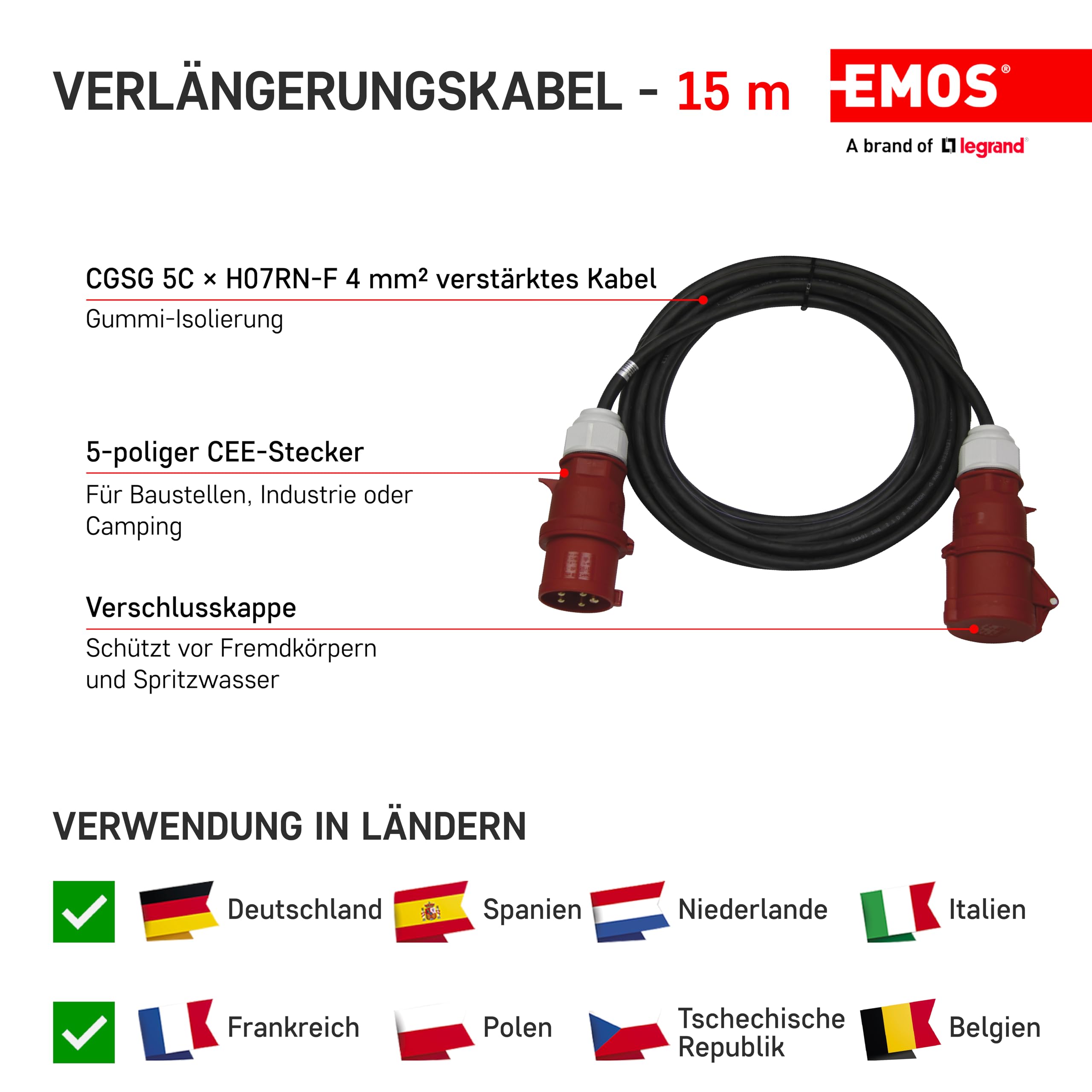 EMOS - Przedłużacz CEE IP44 15 m - wtyczka 5-biegunowa - wodoszczelny, odporny na temperaturę - 400 V, 32 A, 22000 W - izolacja gumowa - CGSG 5C x H07RN-F 4 mm2 - do użytku na zewnątrz i na kemping -