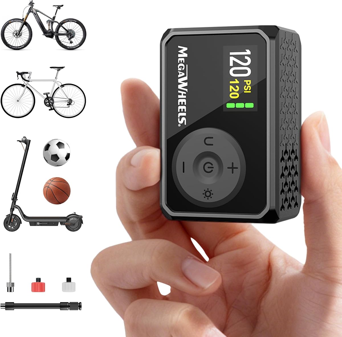 Mini Bike Pump with Gauge, 120/150PSI Bike Tire Inflator with Presta & Schrader Valve, Portable Electric Air Pump Auto Stop, Fast Inflation for E-Bike, Mountain Bike, Scooter, Balls