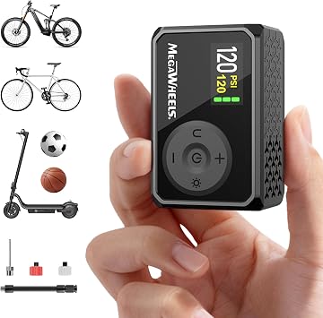 MEGAWHEELS Mini Bike Pump with Gauge, 120/150PSI Bike Tire Inflator with Presta & Schrader Valve, Portable Electric Air Pump Auto Stop, Fast Inflation for E-Bike, Mountain Bike, Scooter, Balls