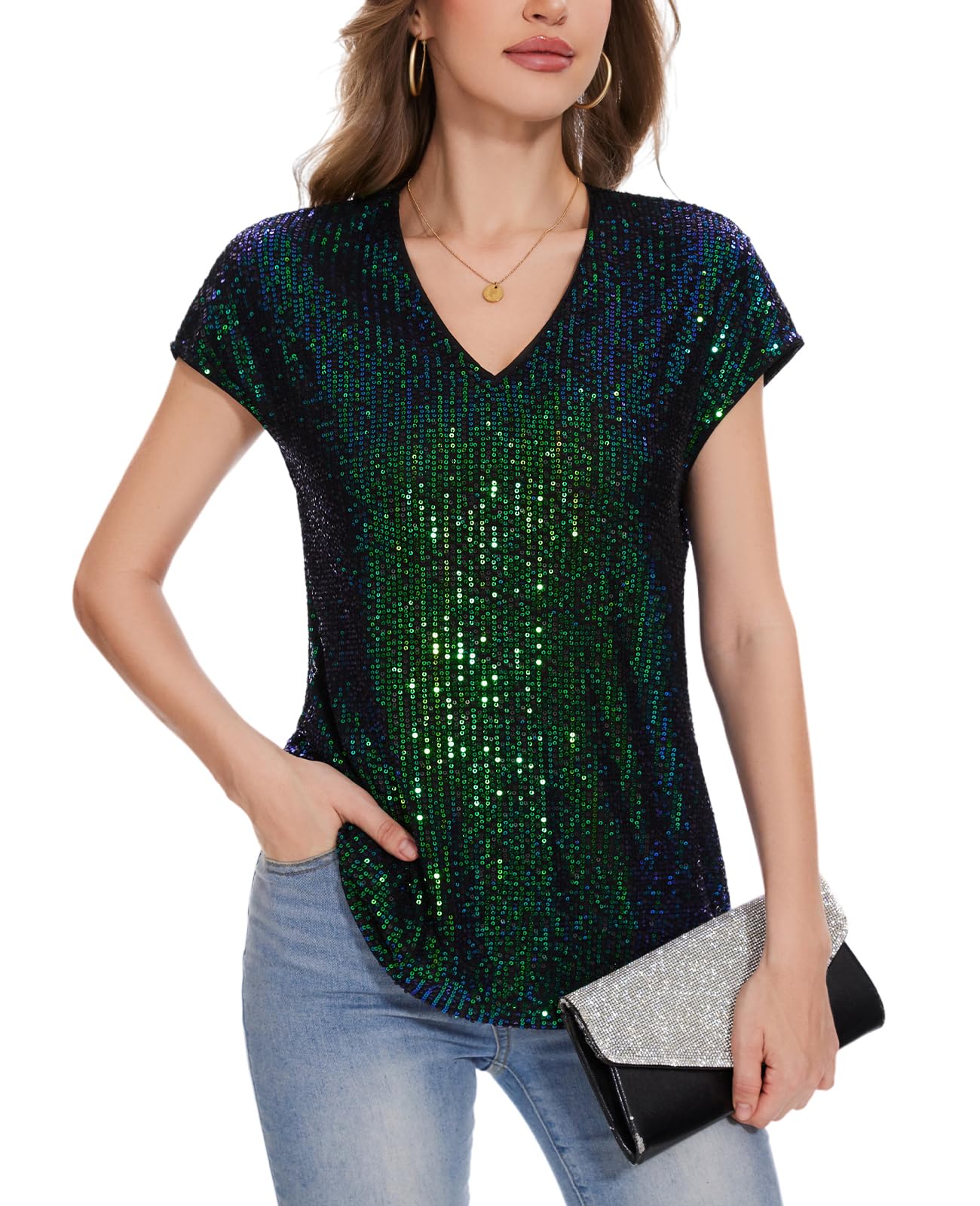 Blusa de lentejuelas brillantes para mujer, manga casquillo, cuello en V, blusa tipo túnica con lentejuelas con purpurina, holgada, casual, fiesta