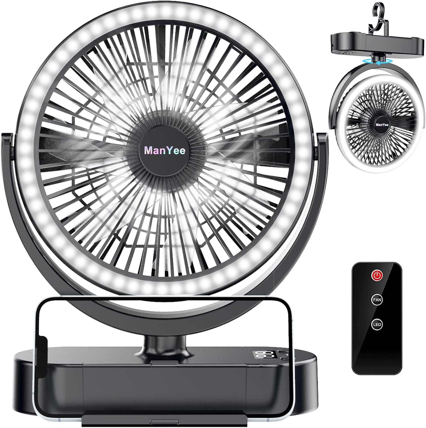 Camping Fan with LED Light, 40H 10000mAh USB Rechargeable