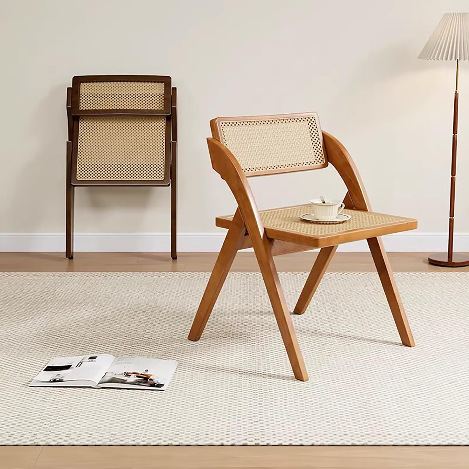 Tiita Set Di 2 Sedie Da Pranzo Pieghevoli In Rattan E Legno - Stile Mid-Century, Per Piccoli Spazi, Noce