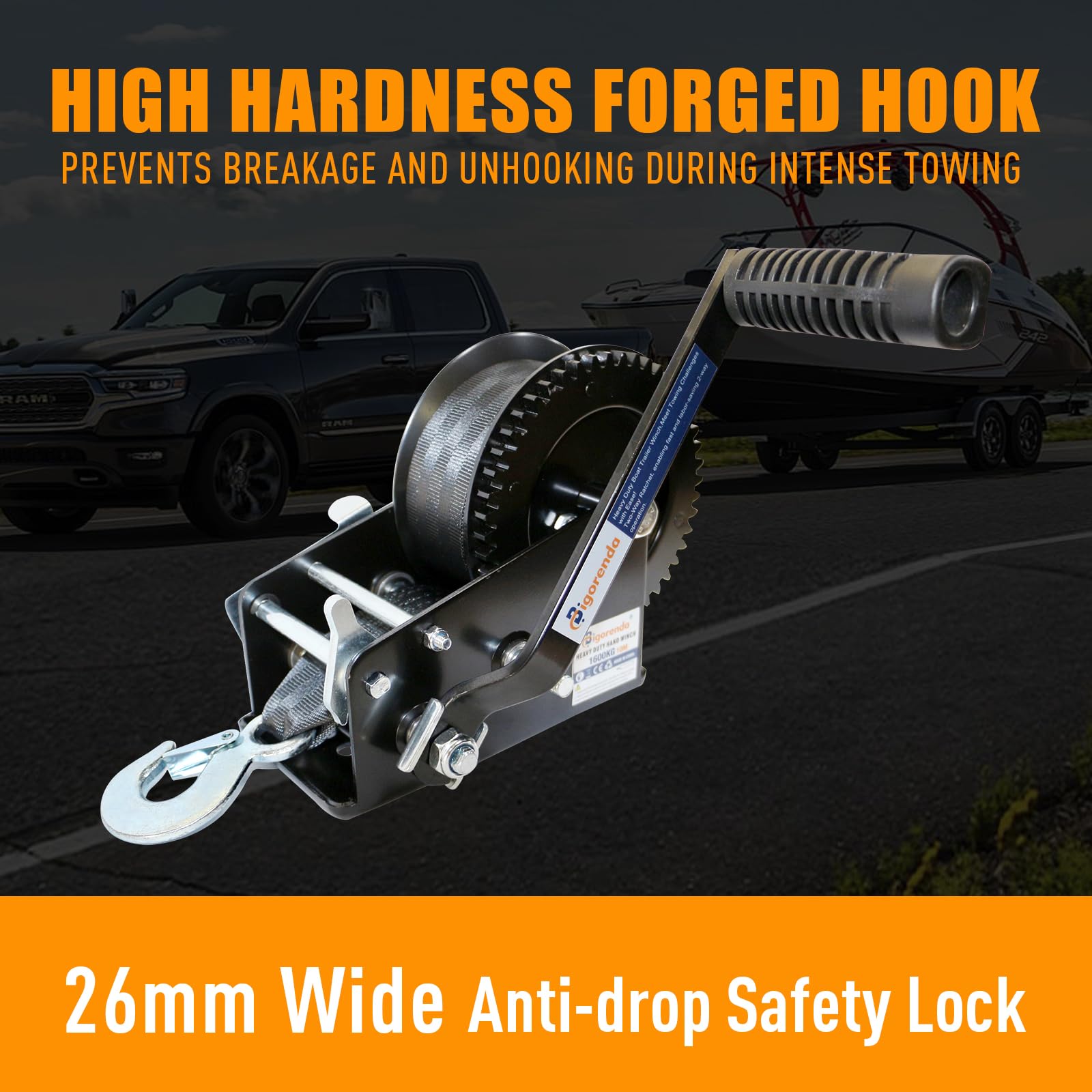 Hand Winch, Boat Trailer Winch Hand Winch with 10M (33FT) Polyester Strap and Two-Way Ratchet, 3500LBS Pulling Capacity, Heavy Duty Manual Operated Hand Crank Winch for Trailer, Boat or ATV Towing — view 7