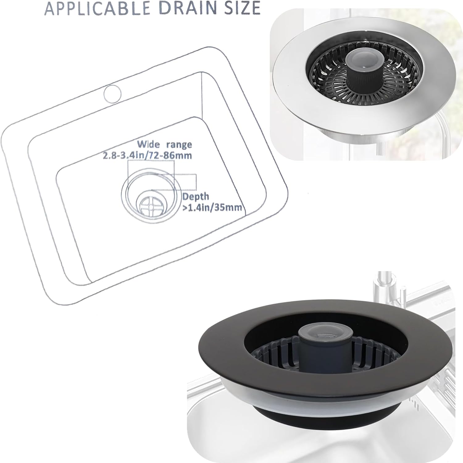 3 in 1 Pop Up Kitchen Sink Drain Strainer, with an Extra Basket Strainer, Kitchen Sink Drain Stopper for US Standard 3-1/2 Inch, Brass Material Electroplate Silver (Model E Copper Black)