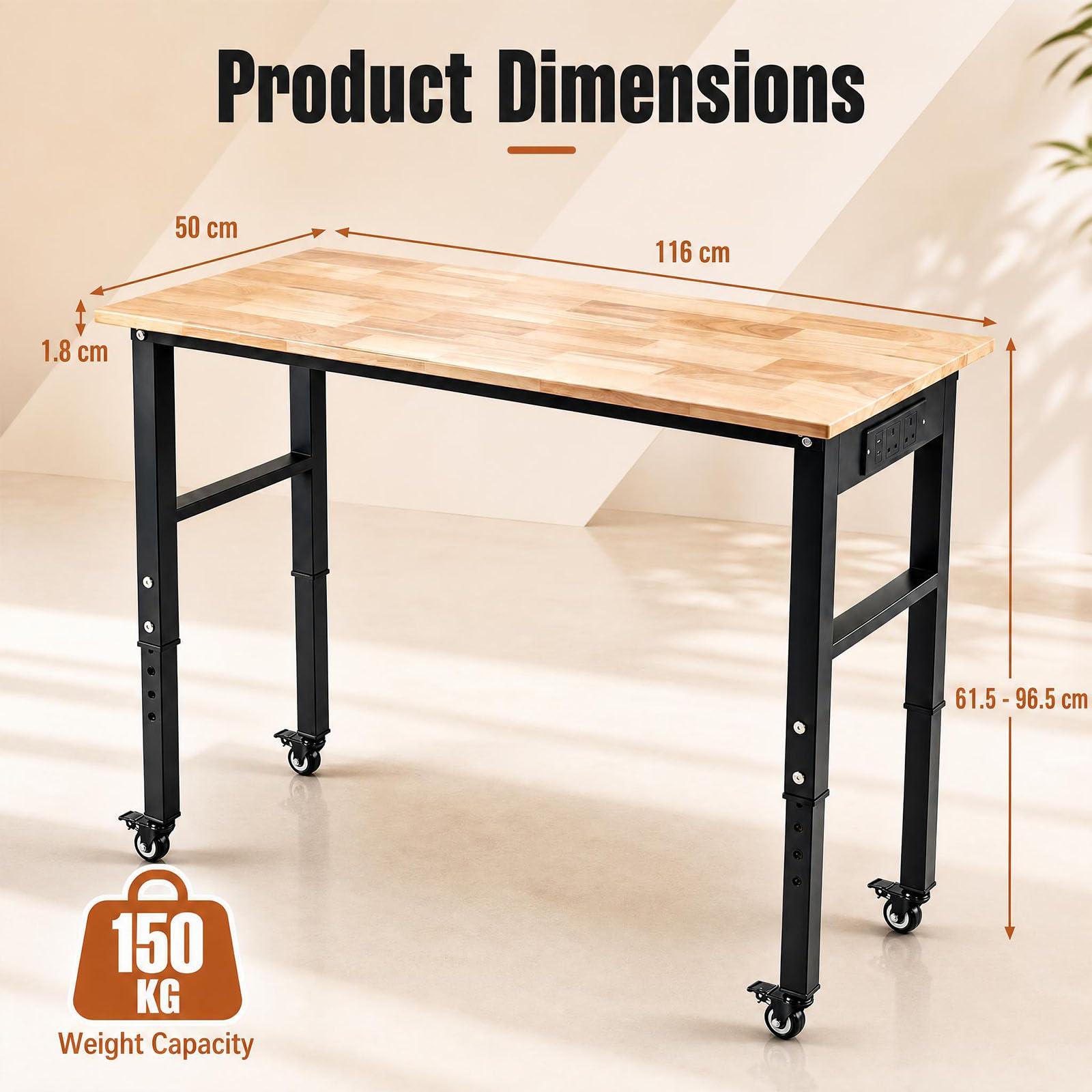 HOMASIS Établi Atelier Garage en Bois Chêne 116 x 50 x 61,5-96,5 cm