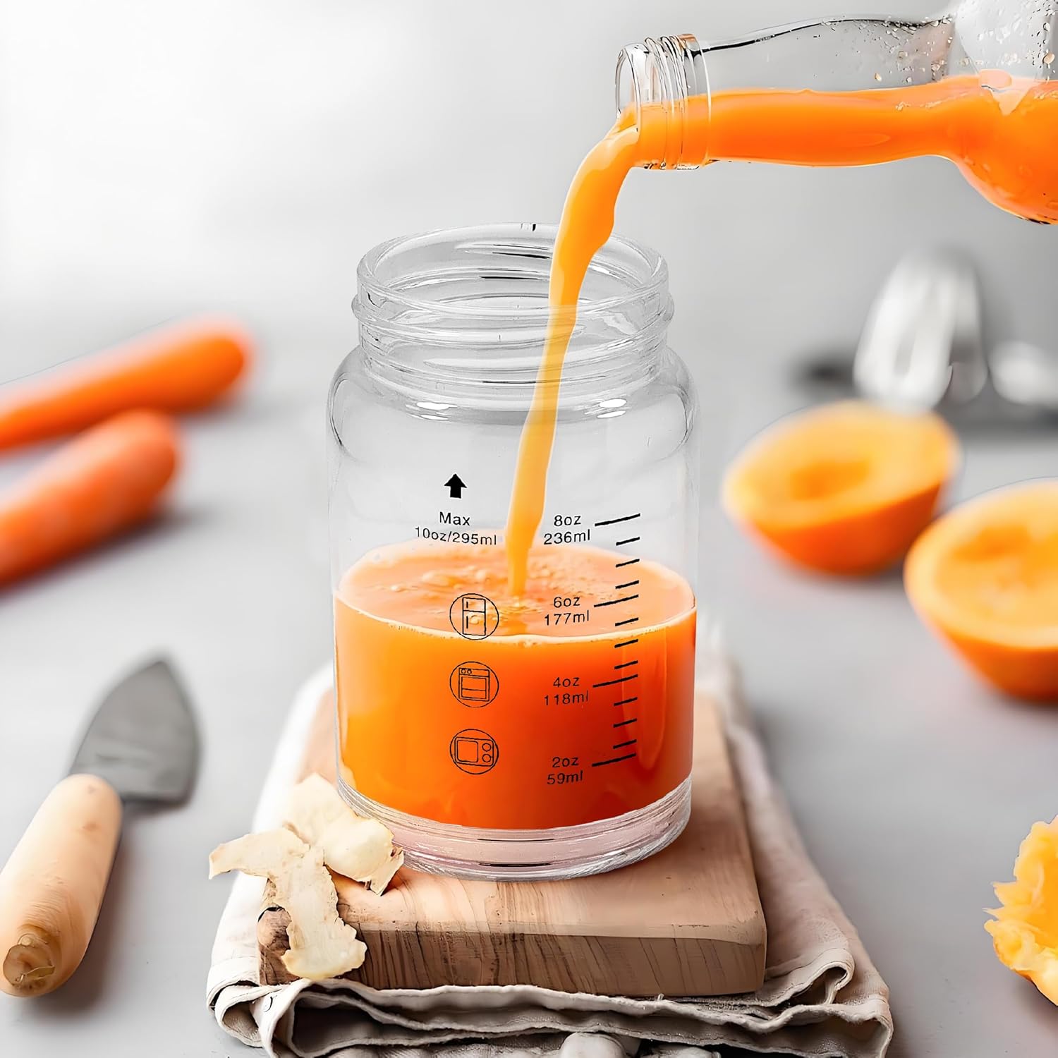 Borosilicate Glass Juice Water Bottles 6 Pack 10 OZ,Wide Mouth Glass Water Bottles with Lids and Sleeve,for Juicing, Smoothies, Milk, Protein, Reusable, Leak Proof, Shaker bottle