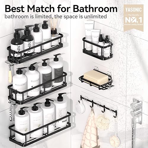 Miniatura 7 de YASONIC Organizador de ducha, estantes de ducha 100% inoxidables para ducha interior, organizadores y almacenamiento de baño, paquete de 6 estantes