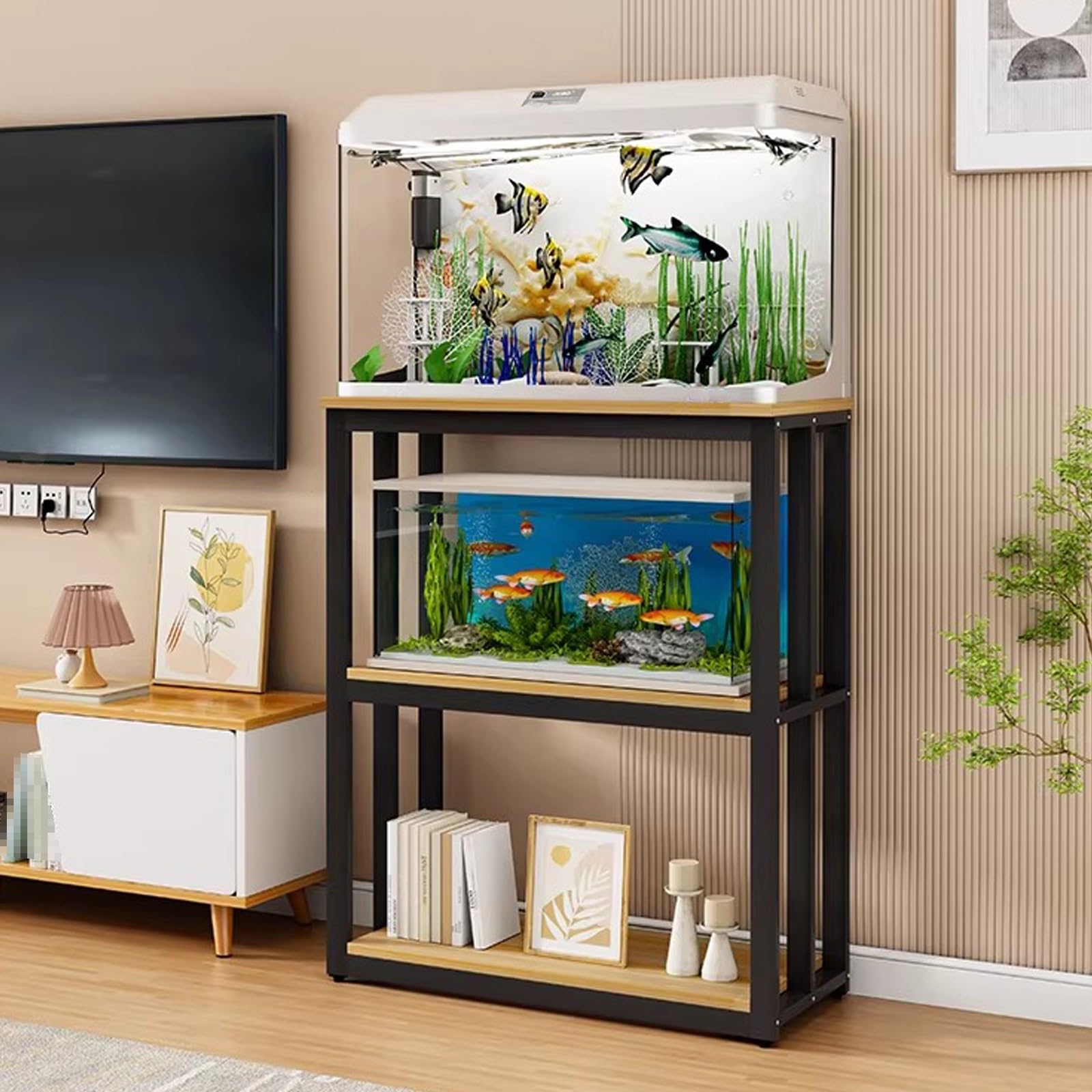Stojak do akwarium, 3-poziomowy metalowy stojak na akwarium z półką do przechowywania, otwarta ekspozycja terrarium do domu, salonu, biura, idealny dla gadów i zwierząt wodnych