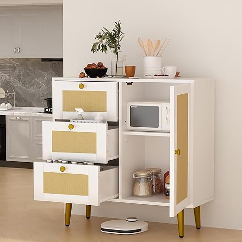 Lamerge Storage Cabinet with Rattan Door and 3 Drawers,Accent Cabinet with Adjustable Shelf,Floor Cabinet with Storage,Buffet Cabinet for Living Room, Dining Room, Entryway（White）