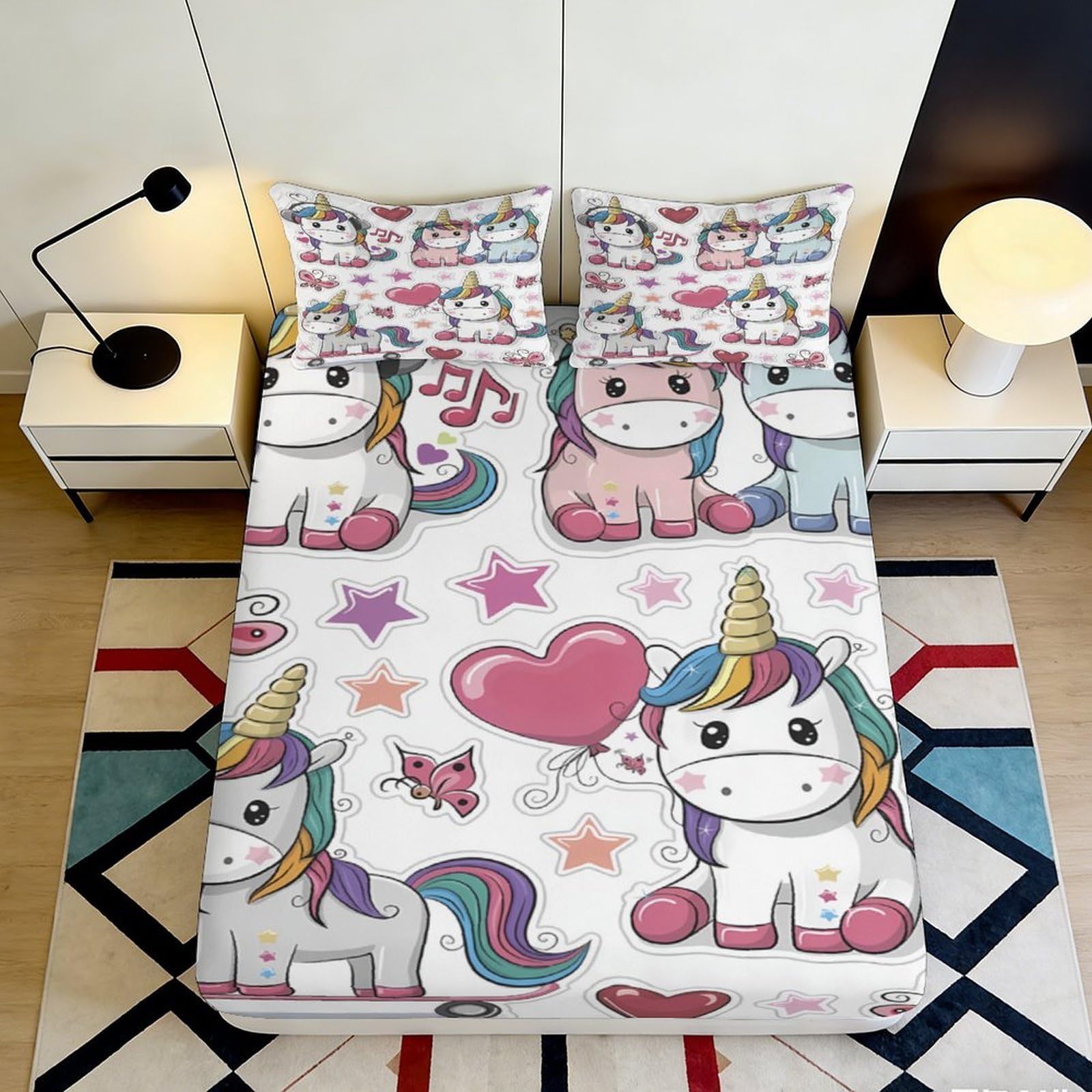 3D Printed Cute Unicorn Fitted Sheet Microfiber Soft Pink Rainbow Cartoon Bed Cover for Bedroom Dorm Mattress Protection Decor 180x200x25cm