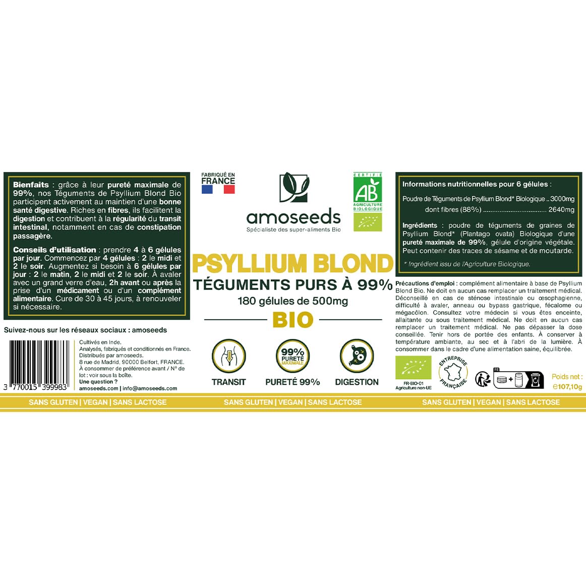 Psyllium Blond BIO, Téguments purs à 99% | 3000mg par jour | 180 gélules de 500mg | Transit, Digestion, Cœur | Qualité Supérieure