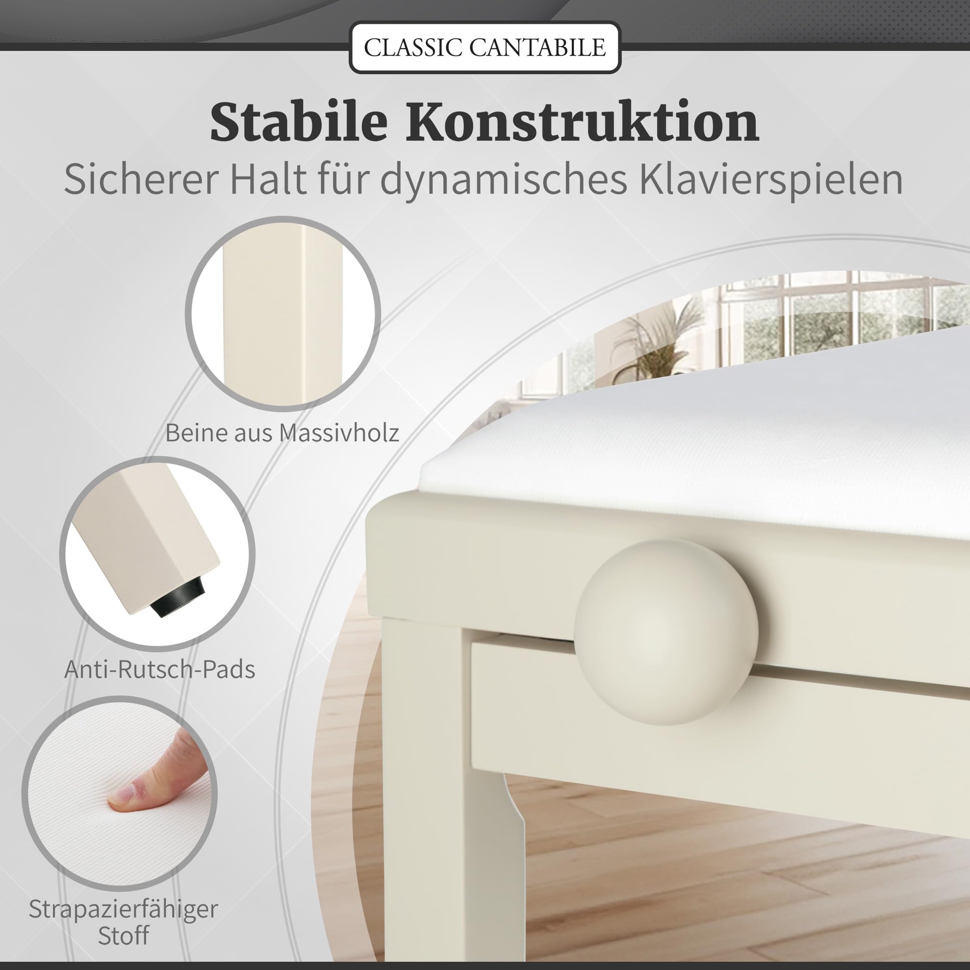 Classic Cantabile Pianobank (höhenverstellbar von 47-56cm, Spindelmechanik, Sitzfläche 55 x 32cm, weißer Velourbezug, stabil) Weißesche matt