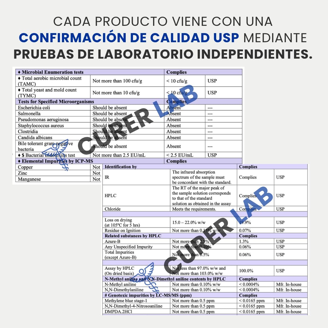 Methylene Blue USP Grade 20 mg | 60 Cápsulas | Pureza Ultraalta | Calidad Farmacéutica 99,99 % – Testado por Terceros | Libre de Formaldehído | Con Vitamina C | Fabricado en Europa