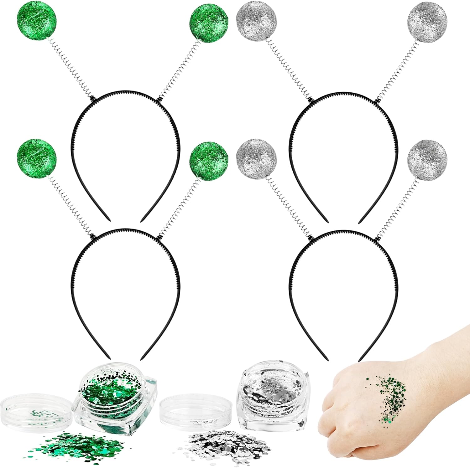 8 Pack Alien Headbands and Glitter Includes 4 Alien Antenna Headband 4 Alien Decorative Glitter Alien Costume Accessories for Halloween Alien Party Costumes