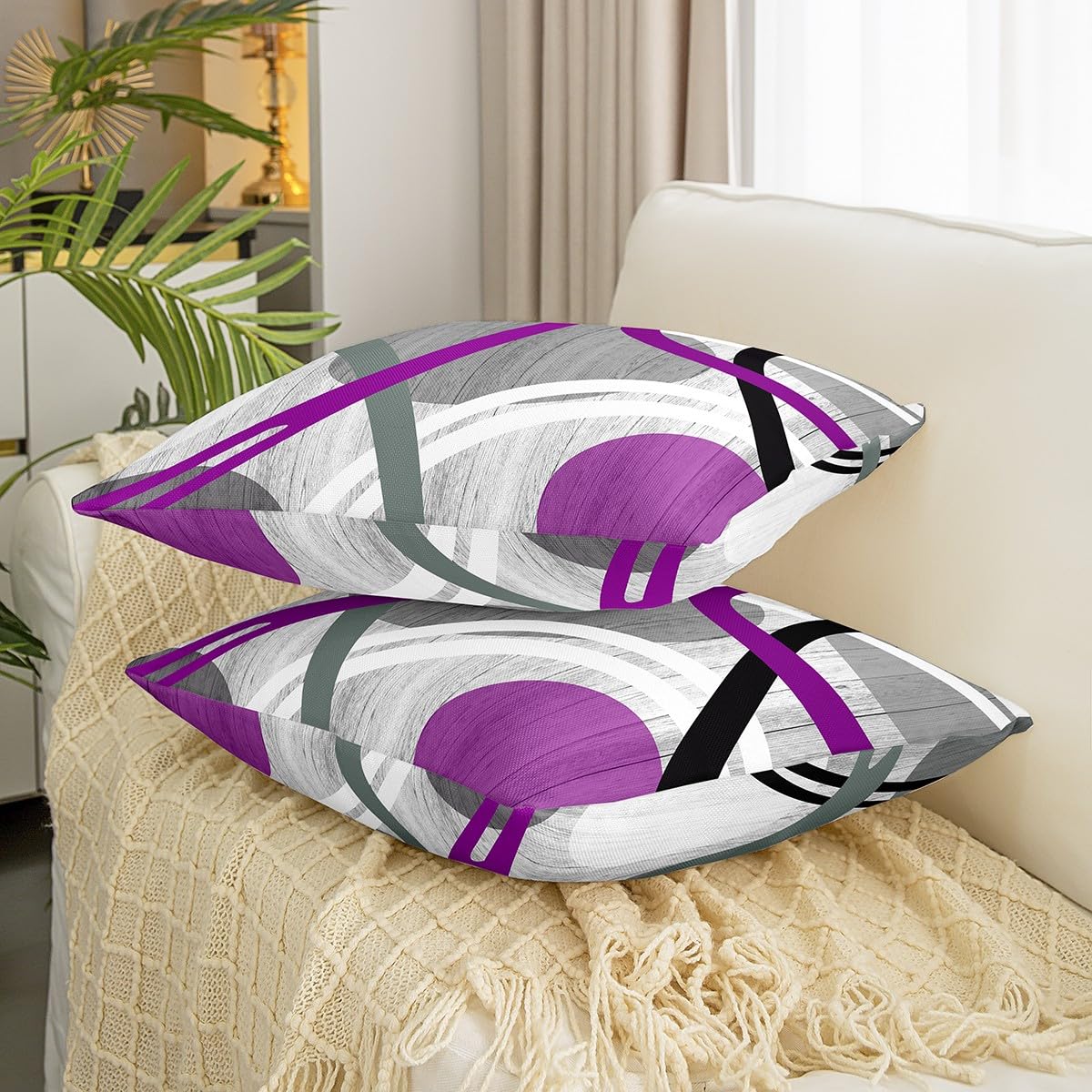 Homemissing Purple Grey and Black Throw Pillow Covers 18x18 Inch Set of 2 Geometric Stripe Swirl Decorative Throw Pillowcases Modern Wavy Circles Pillow Cases Cushion Covers Retro Stripe Swirl - Image 3