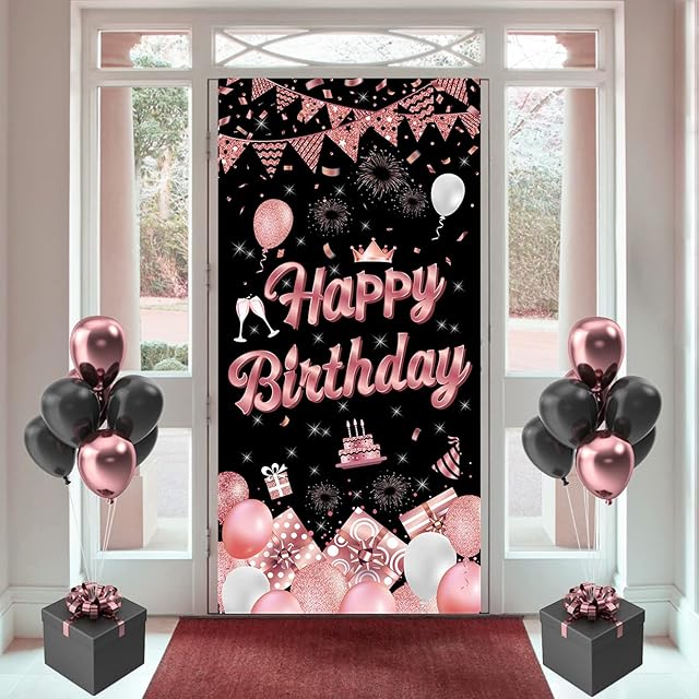 Birthday Party Decorations, Happy Birthday Door Banner, Rose Gold Birthday Backdrop Banner, Birthday Door Cover Banner, Birthday Sign Photo Booth Backdrop for Birthday Women Girls Party Decor