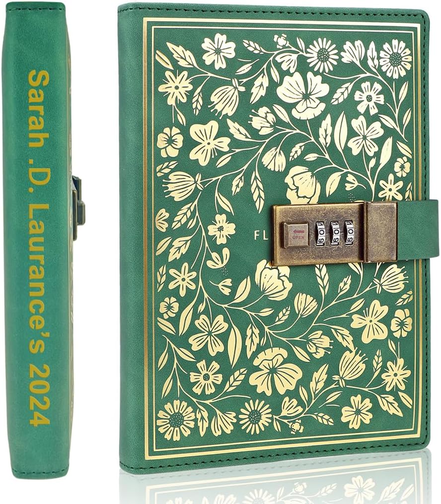 Mazeran Personalized Combination Lock Journal, Custom Vintage Elegant Leather Hard Cover Floral Embossed Notebook Diary, Golden Gilded Password Locking Diary Gift for Women Girls (Boxed)