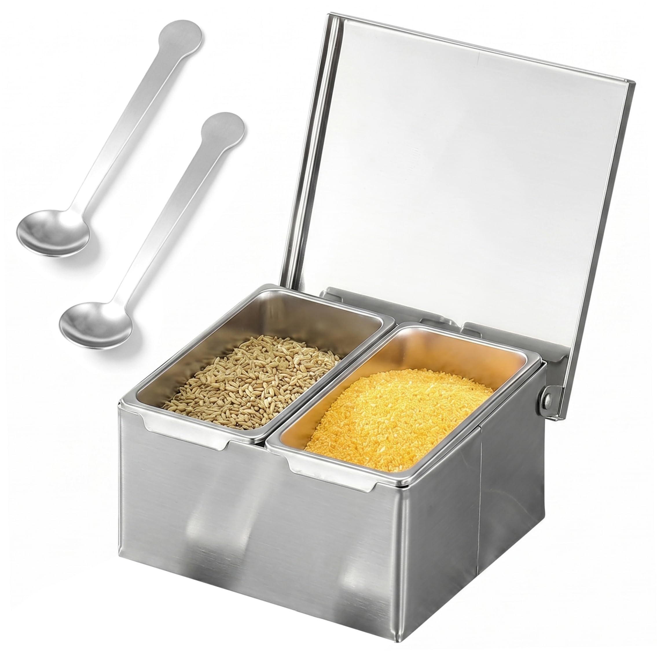 Boîte ingrédients pizza inox anti-poussière à couvercle rabattable et cuillère