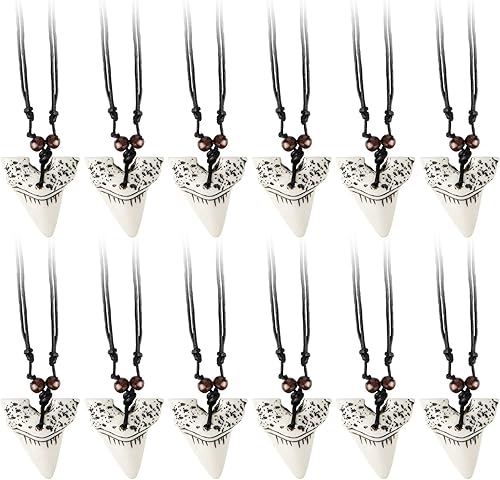 Junkin Collares de dientes de tiburón a granel para niños, recuerdos de fiesta, collares prehistóricos de dientes de tiburón, cordón de cuero con