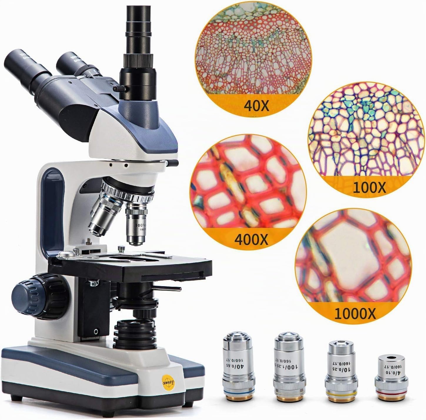SWIFT Microscope composé trinoculaire SW350T, grossissement 40X-2500X, tête Siedentopf, niveau de recherche, scène mécanique à deux couches, appareil photo et logiciel 1,3 MP, compatible Windows et…