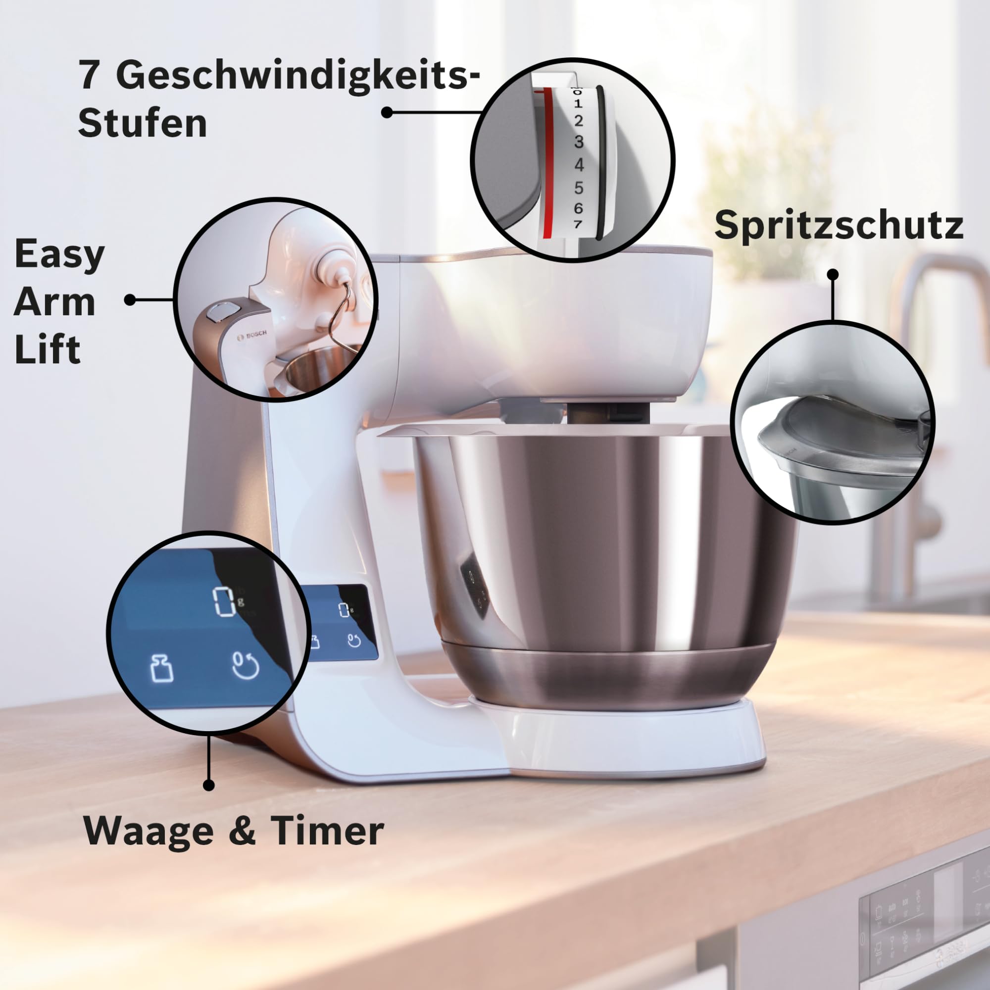 Robot pâtissier Bosch MUM5XW20 – Machine puissante 1000 W pour mélanger, pétrir & couper – 7 vitesses + turbo – Balance intégrée – 10 accessoires – Couleur : blanc/champagne