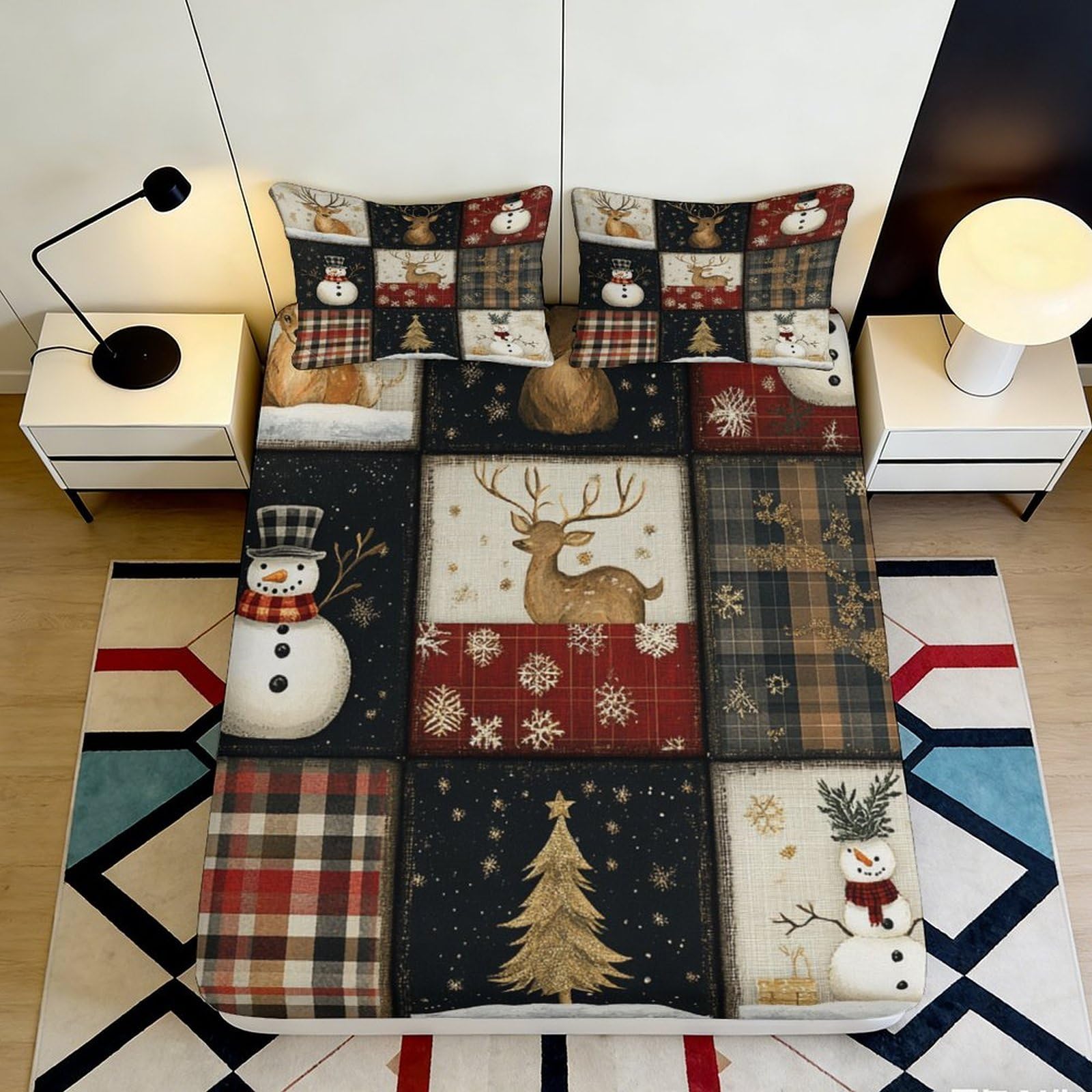 3D Printed Christmas Patchwork Fitted Sheet Microfiber Soft Snowman Reindeer Bed Cover for Bedroom Guest Room Decor 90x200x25cm