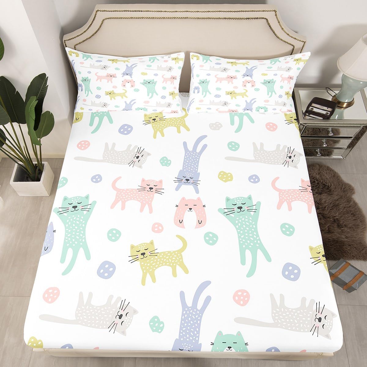 Cat Bedding Set Queen Size, Cute Kitten Cat Fitted Sheet Colorful Cat Animals Bed Sheet Set for Kids Toddler Kawaii Pet Cats Bed Cover Bed Set 3Pcs (No Flat Sheet) Multi 15 Queen