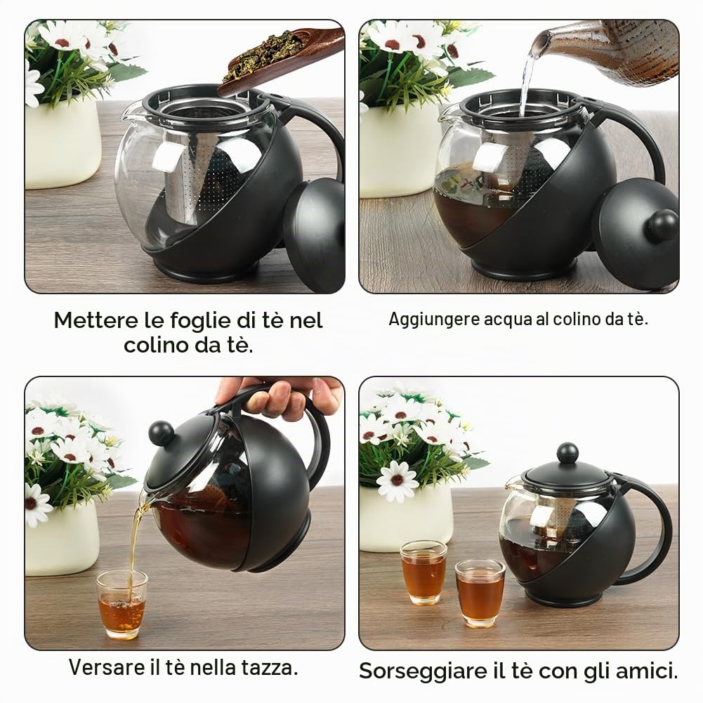 HOTUT Round Teiera, Teiera in Vetro da 750 ml, Teiera con Infusore per Tè Sfuso Rimovibile, Teiera di Vetro, Perfetto per la Preparazione di Tè Sciolto, Senza Gocciolamento