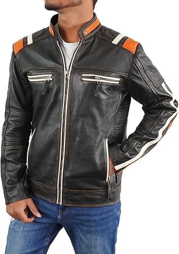 Miniatura 9 de NM-Fashions Cafe Racer Retro Biker Vintage - Chaqueta de cuero negro envejecido para hombre