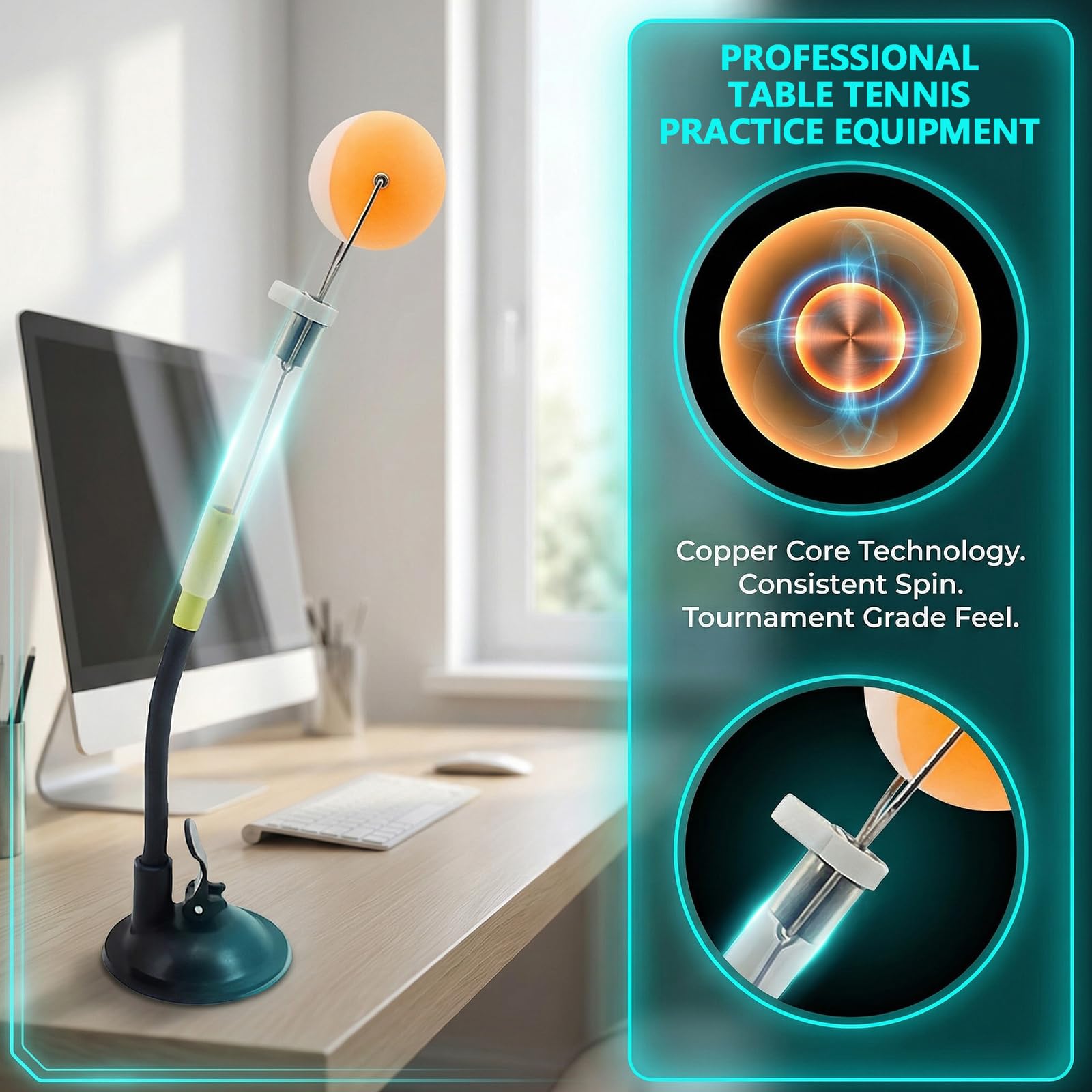 BAIFULAI Pong Ball Trainer regolabile in PVC: Fixed Rapid Rebound Pong Ball Clip con 2 sfere in rame, robot da allenamento professionale per giocatori di ping pong per interni ed esterni