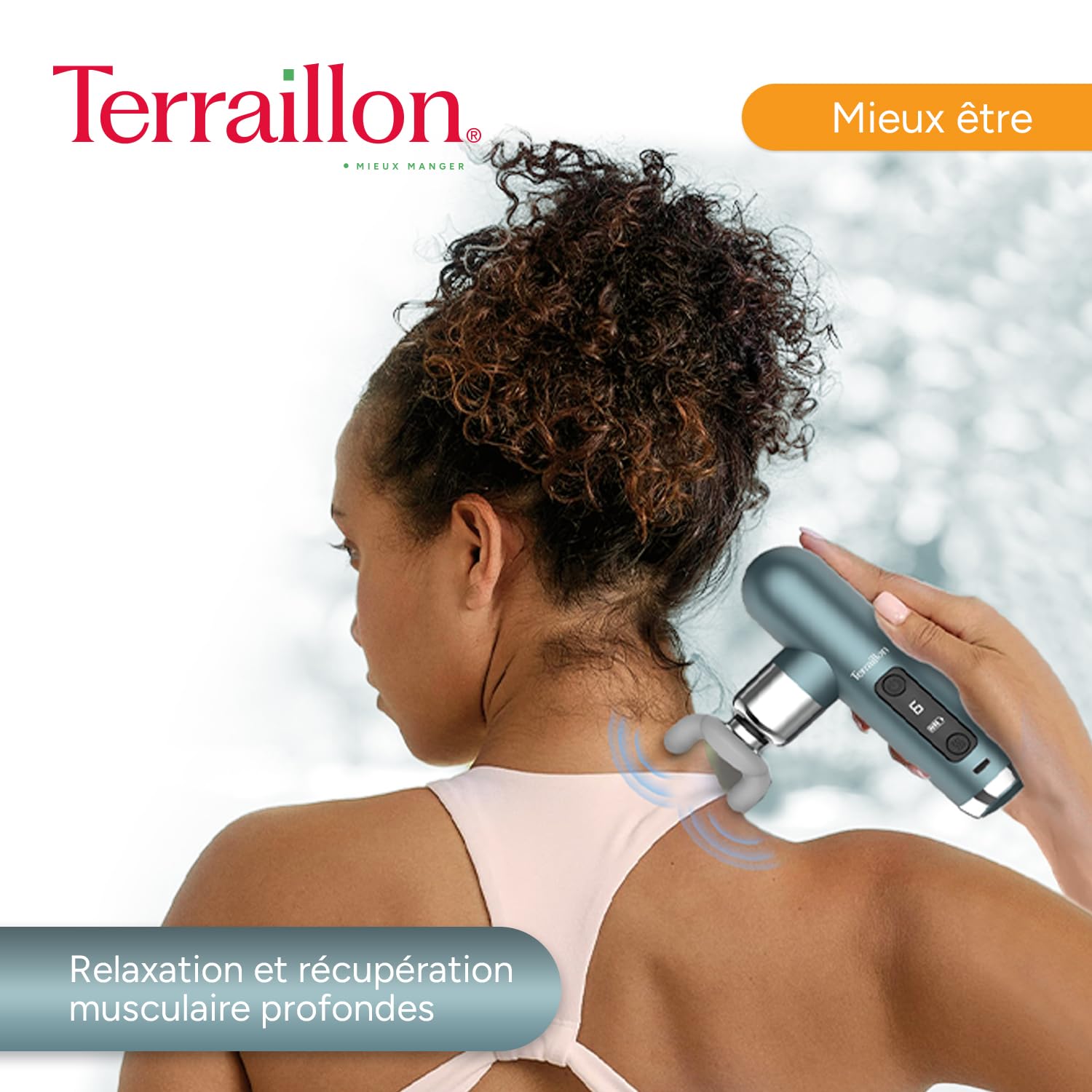 TERRAILLON Pistolet de massage, Détente, Massage, Relaxation MINI MASSAGER | 6 vitesses dont 1 lente pour massage à l'huile, 4 embouts, Surface chauffante, 800-3200 rpm, Charge USB-C, 5h autonomie