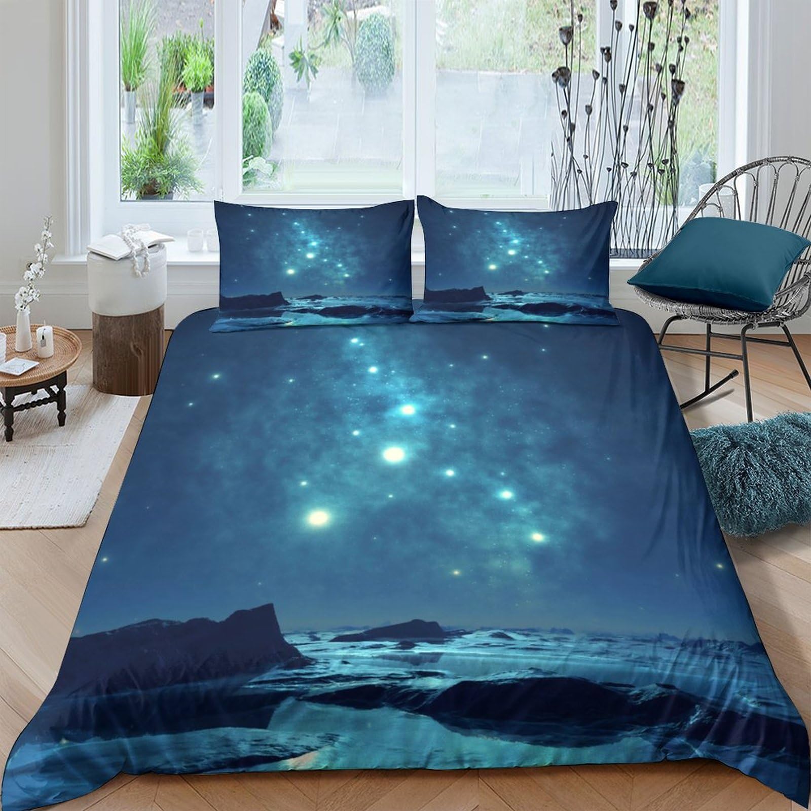 Ctjqhvkz Style-8 3D Printed Galaxy Starry Sky Fitted Sheet Microfiber Soft Blue Cosmic Nebula Mattress Cover For Bedroom Decor Single（135X200cm）