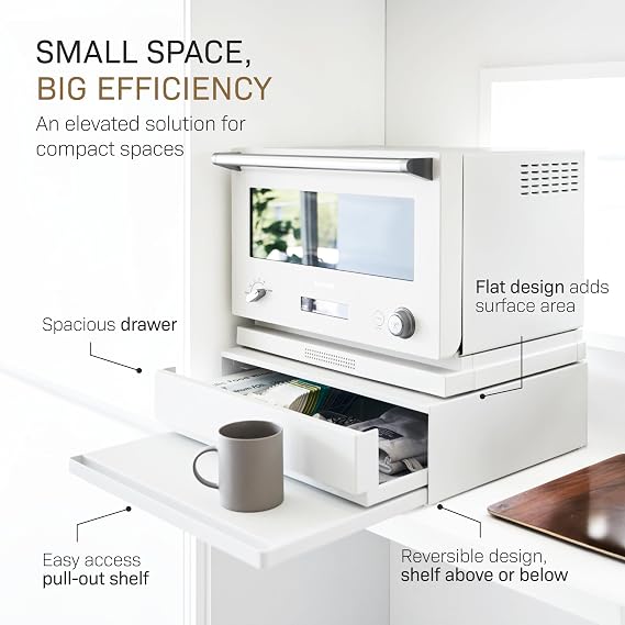 YAMAZAKI Home Tower Kitchen Countertop Organizer Appliance Stand with Drawer and Pull-Out Shelf Steel Microwave Stand with Drawer, Modern Countertop Shelf Organizer, White, Space-Saving Design