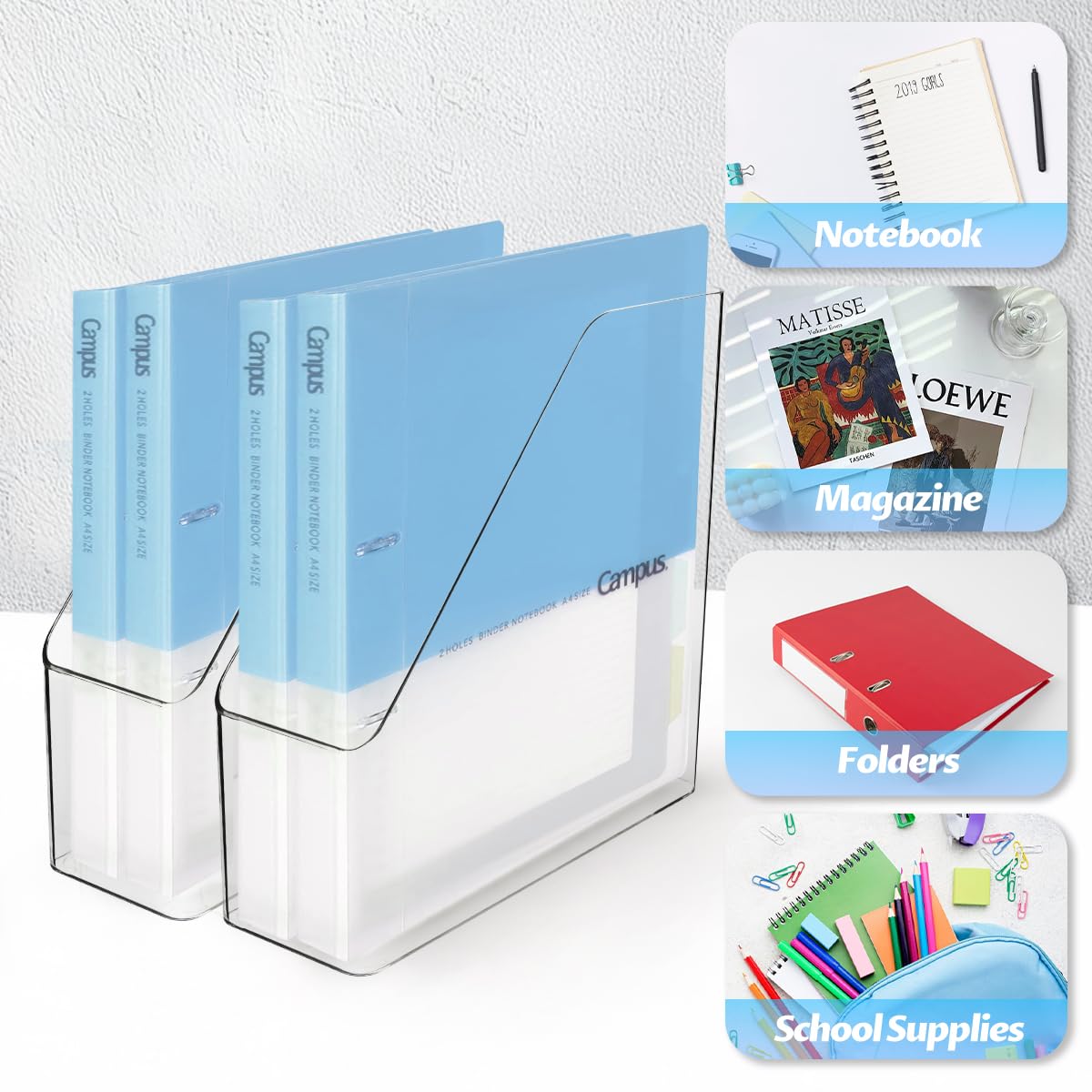 4 Stück Klar Acryl Magazinhalter, Kunststoff Vertikale Datei Ordner Lagerung Rack, Schreibtisch Dokument Sorter Organisator für Home Office Work Desktop