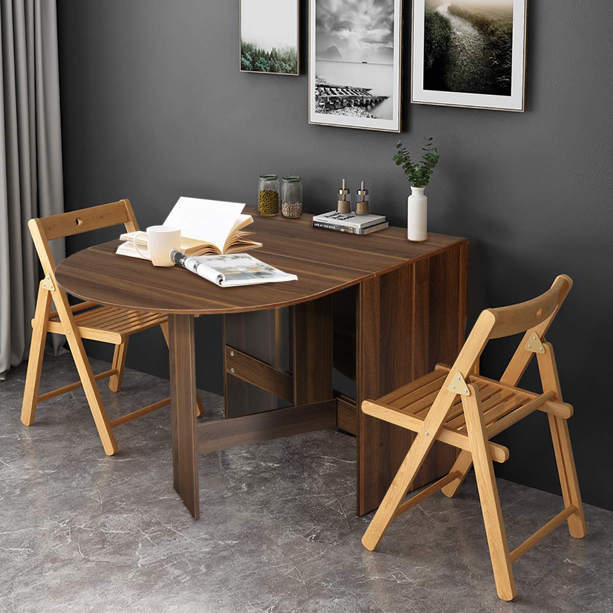COSTWAY Mesa Comedor Extensible de Madera, 80x163x75 cm, Mesa de Comedor con 2 Solapas, Bordes Redondos,Soporte de Cruciforme, Mesa Redonda Extensible Plegable para Cocina Balcón Jardín (Marrón)