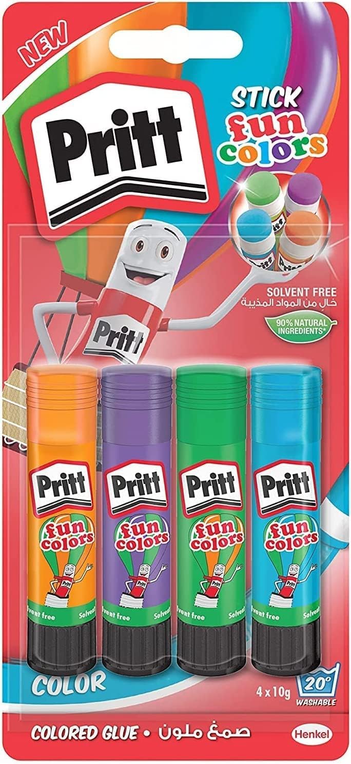 Pritt colle stick Fun Colors, colla colorata per bambini, per lavoretti e fai da te, Colla Pritt multicolore per applicazioni creative a casa e scuola, 4 colori in stick da 10g