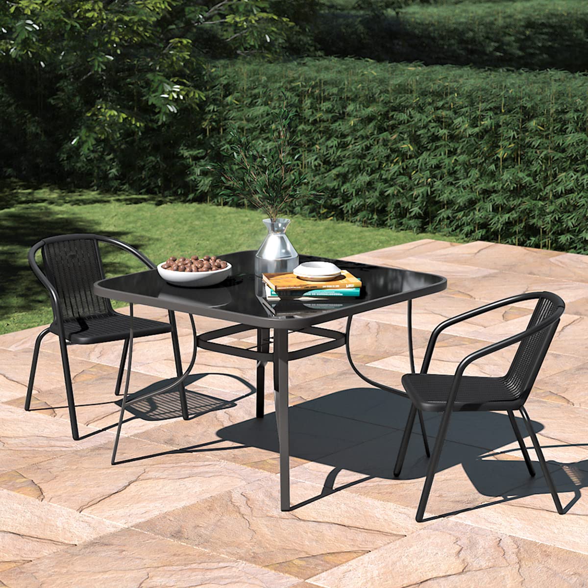 The Fellie Garden Furniture Set Outdoor Dining Table and Chairs Patio Tempered Glass Table Top with Umbrella Hole Wicker Stacking Chairs Seat（105cm Square Table+2PC Chair）