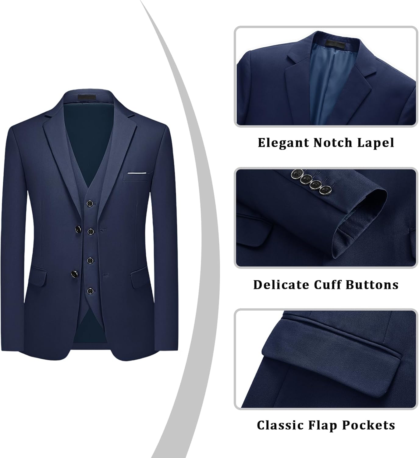 Mens Suit 3 Piece Slim Fit Two Button Single Breasted Solid Tuxedo Blazer Vest Pants Set for Wedding Prom Formal Business - Image 5