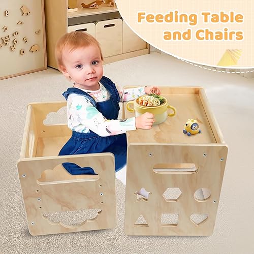 Miniatura 6 de Satisure Juego de Mesa y Silla de Destete Montessori, Juego de Mesa y Silla de Madera para Niños Pequeños, Mesa y Sillas para Niños de 1-3 Años con