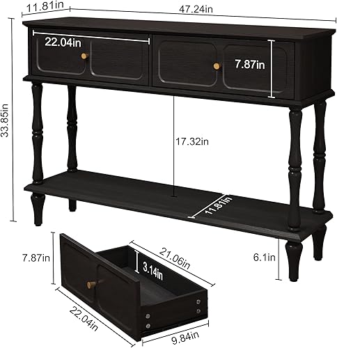 Miniatura 2 de ARTPOWER Mesa consola Mid-Century para entrada con 2 cajones, mesa de entrada retro negra con armarios de almacenamiento y estante abierto, mesa de