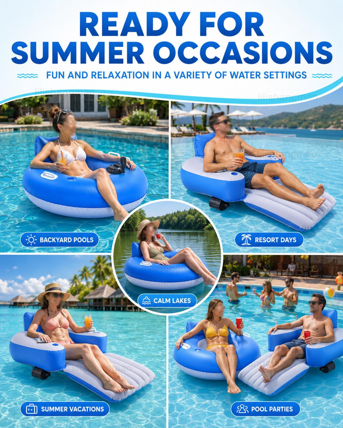 Galleggiante motorizzato per piscina, lettino elettrico con batteria ricaricabile, doppia elica, portabicchieri, maniglie e schienale per feste in piscina e divertimento all'aperto