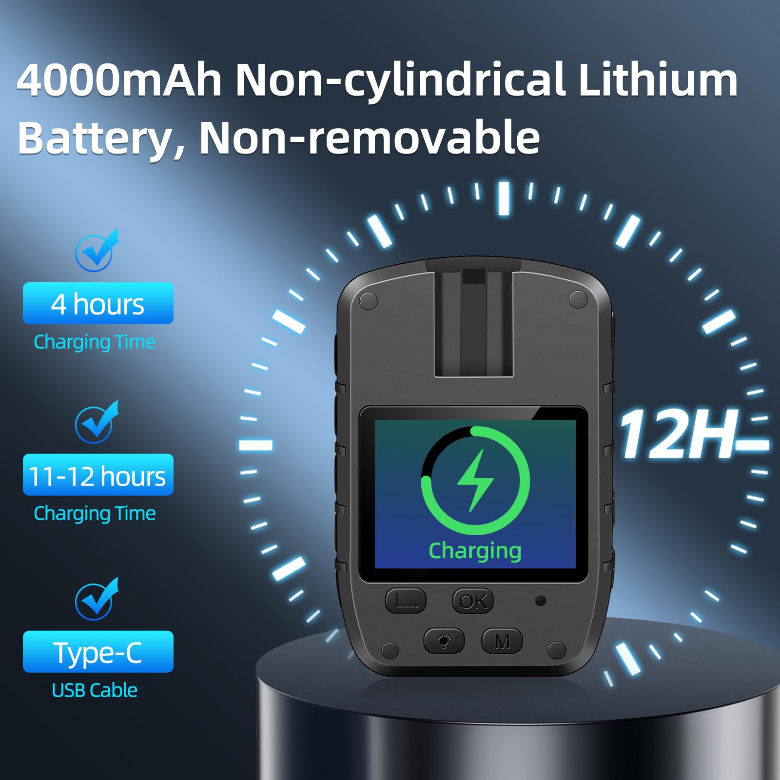 CAMMHD Cámara Corporal C8 128G 1296P con Grabación de Audio y Video, 11-12 Horas de Autonomía, Visión Nocturna Body Cam Resistente al Agua IP67, Memoria Ampliable, para Aplicación de la Ley, Seguridad