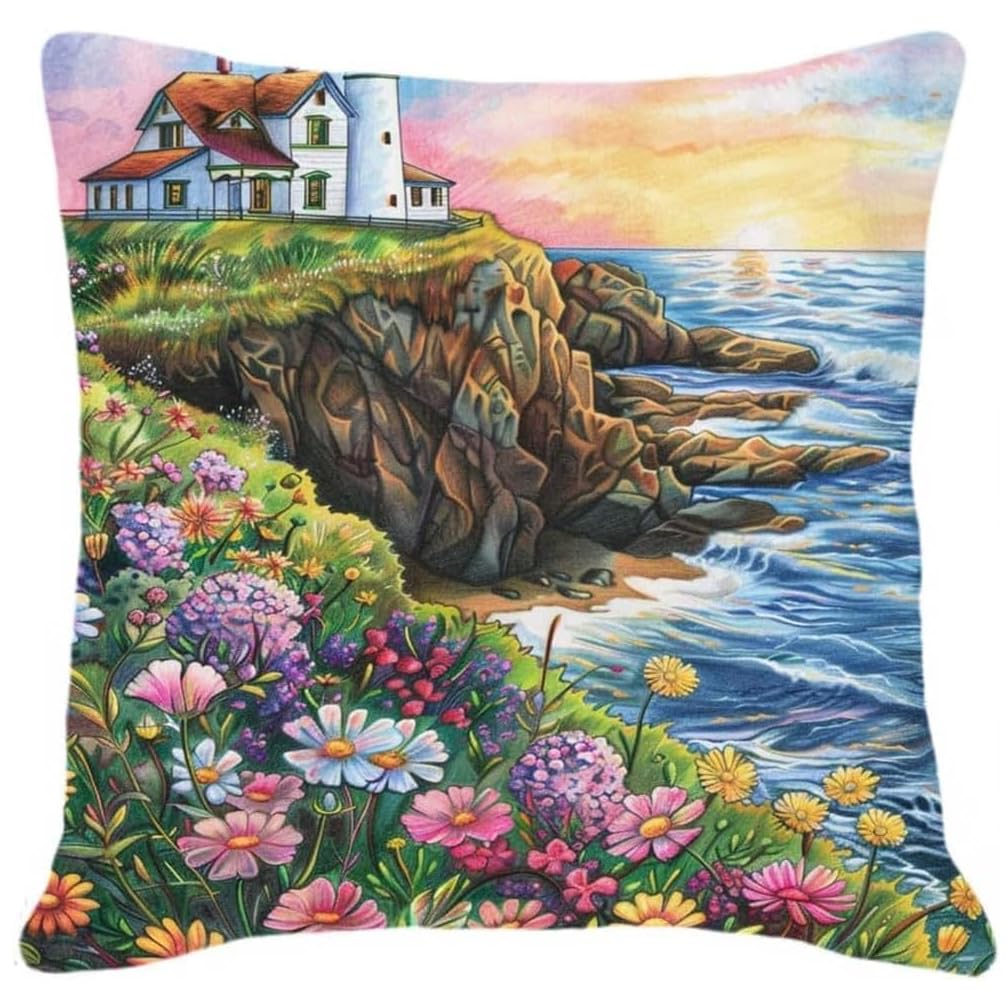 Nahuigood 11Ct Pillow Stamped Cross Stitch Kits Sea View 45X45cm Needlepoint Printed Tapestry Canvas