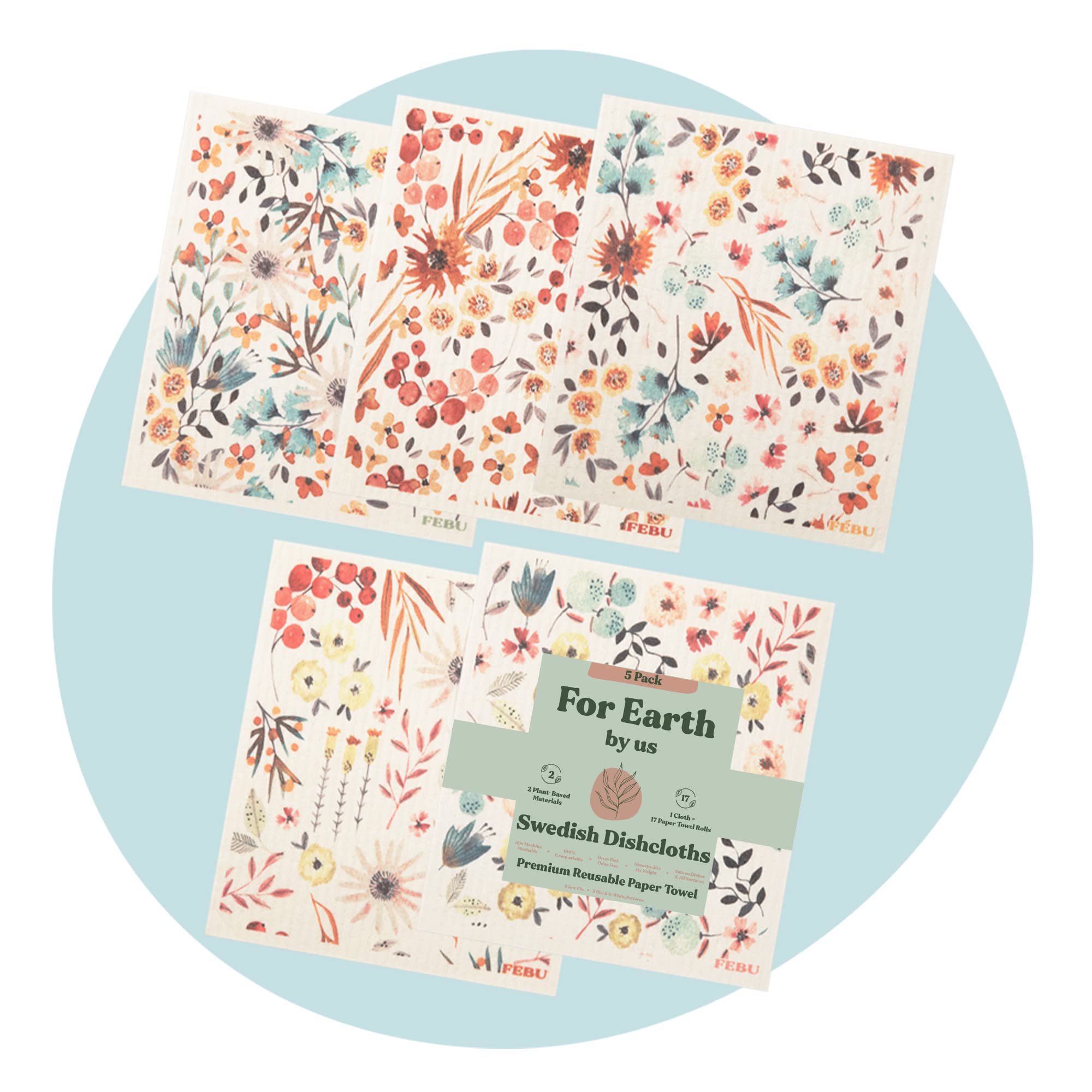 FEBU Swedish Dishcloths for Kitchen | 5 Pack Watercolor Swedish Dish Towels | Cellulose Sponge Cloths | Non Scratch Reusable Paper Towels | No Odor, Biodegradable and Reusable Kitchen Dish Rags